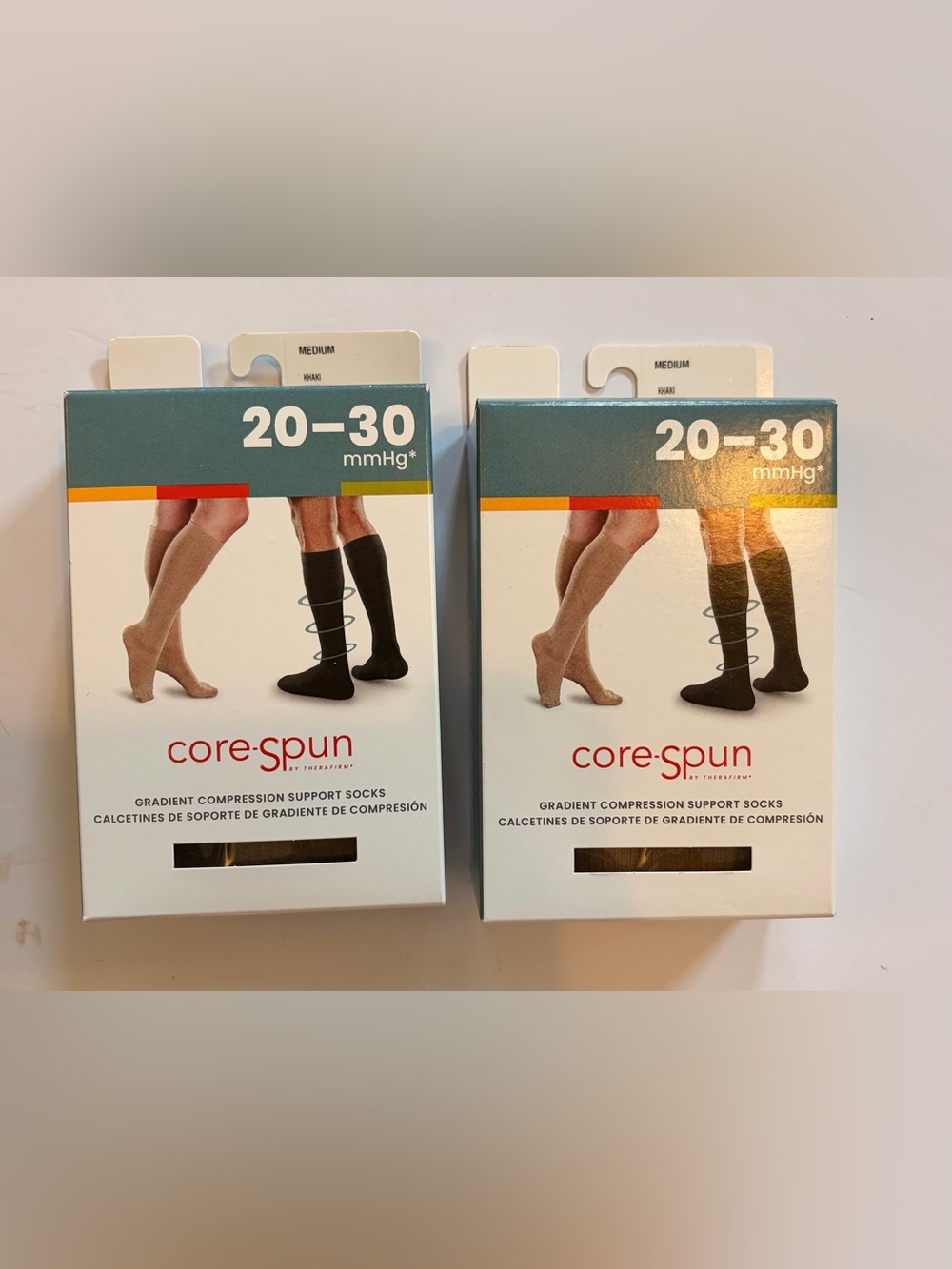 Core-Spun Compression Socks 20-30 mmHg, Set of 2 - Khaki, Medium, New.